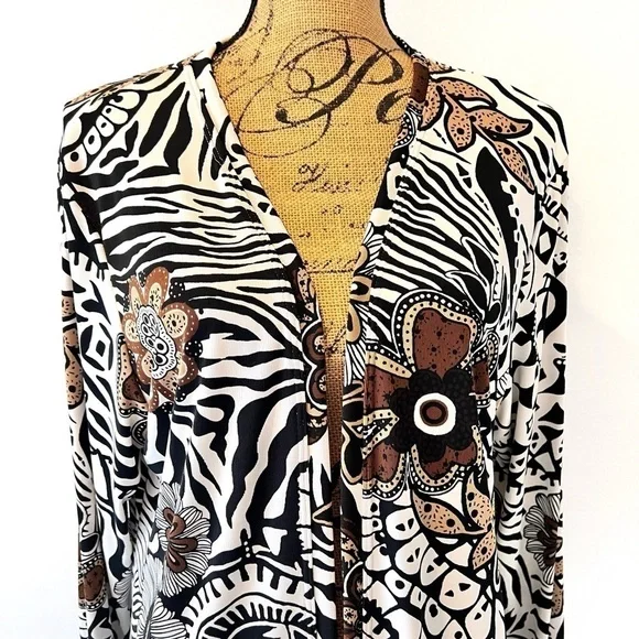 Chico’s Additions open long cardigan floral geometric jersey sz 1 or 2 - Picture 2 of 10